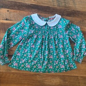 Mini Boden Girls 4-5Y Green Floral Top Peter Pan Collar Long Sleeve Cotton